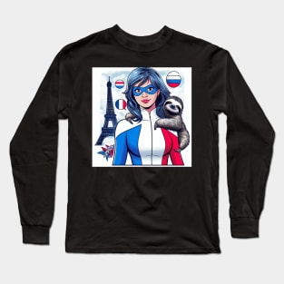 Francais: Female 80's Comic Book Hero with Sloth Long Sleeve T-Shirt